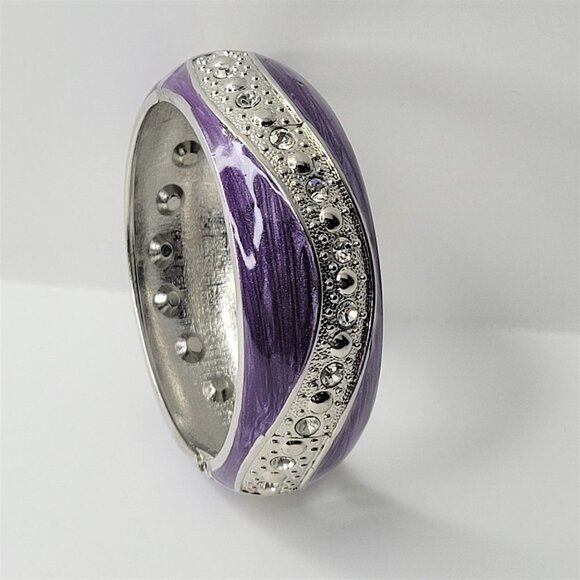 PURPLE Enamel Wide Hinged Cuff Bangle Crystal Rhinestone Bracelet - Picture 2 of 9